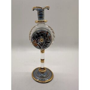 Egyptian Handblown Art Glass Perfume‎ Bottle 5" Blue Gold Leaf Design 24K Trim